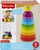 The image shows the packaging of a Fisher-Price Stack & Roll Cups toy, with a baby playing with the cups in a smaller inset image. Produktbild-Vorschau