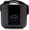 A black electric rice cooker is shown from the front. Produktbild-Vorschau