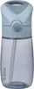 A blue and gray water bottle with a straw. Voir les images du produit