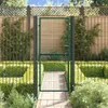 A green metal garden gate is shown in an outdoor setting, with a paved walkway leading through it. Voir les images du produit