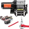 A black electric winch with a steel cable and hook, along with its control box and remote switch, is displayed against a white background. Náhled obrázku produktu