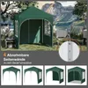 A green gazebo with white trim, set up outdoors in a grassy area with a generator to the left and a mountainous landscape with a lake in the background. Below the main image are four smaller images showing different configurations of the gazebo. Produktbild-Vorschau