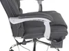Close-up view of a black office chair with silver armrests and white stitching. Voir les images du produit