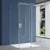 A modern shower cabin with glass doors and a white base, set against a blue wall and a view of a house and garden through the glass. Produktbild-Vorschau