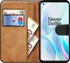 A book-style phone case for a OnePlus Nord CE 5G, showing the inside with cards and cash, and the phone screen displaying the 'Never Settle' slogan. Náhled obrázku produktu