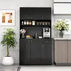 A black kitchen cabinet with shelves and doors, displaying kitchenware and a coffee machine. Voir les images du produit