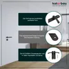 A close-up view of a black door handle set with descriptive text boxes highlighting its features. Produktbild-Vorschau
