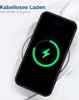 A smartphone is placed on a wireless charger, displaying a charging animation. Text overlays indicate wireless charging is possible with a case. Produktbild-Vorschau