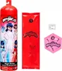 A collection of items for a Miraculous Ladybug toy, including a large red cylindrical container, a red packet, and a pink hexagonal packet. Náhled obrázku produktu