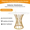A round marble-patterned table with a golden, sculptural base, presented with descriptive text highlighting its features. Produktbild-Vorschau