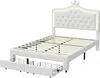 A white upholstered bed frame with a tufted headboard and LED lighting, shown with two storage drawers pulled out from underneath. Voir les images du produit