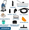 A collage of a wet/dry vacuum cleaner and its various accessories, with German labels indicating each part. Produktbild-Vorschau