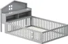 A grey wooden children's bed with a house-shaped headboard and safety rails. Náhled obrázku produktu
