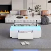 A modern living room with a white couch and a white coffee table with LED lights. Voir les images du produit