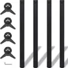 Four black table legs and four black mounting brackets are arranged on a white background. A small silver L-shaped tool is also visible. Voir les images du produit