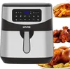 A collage of an air fryer and cooked food, including french fries, chicken legs, and a whole roasted chicken. Produktbild-Vorschau