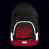 A black and red backpack with reflective elements against a black background. Voir les images du produit