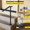 A collage of images showing a black stair handrail installed in various outdoor and indoor settings, including a garden, home steps, hotel entrance, and porch. Podgląd zdjęcia produktu