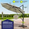 A large cantilever umbrella is shown with various dimensions and features highlighted with text overlays and diagrams. Anteprima dell’immagine prodotto