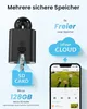 Diagram showing storage options for a security camera, including SD card and cloud storage, with a smartphone displaying the app interface. Produktbild-Vorschau