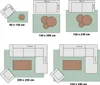 Diagrams showing different rug sizes and furniture arrangements. Produktbild-Vorschau