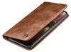 A brown leather flip case for a smartphone is shown against a white background. Produktbild-Vorschau