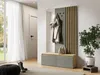 A modern entryway with a coat rack, bench, and mirror, next to a window with sheer curtains and a potted plant. Produktbild-Vorschau