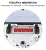 The underside of a white robot vacuum cleaner with a red roller brush and a light blue cleaning cloth attached. Produktbild-Vorschau