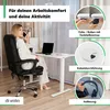 A woman is sitting at a height-adjustable desk in a home office setting, talking on her phone. The image highlights features of the desk. Produktbild-Vorschau