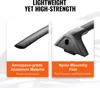 Close-up views of a roof rack bar and its mounting hardware, with text highlighting material and feature benefits. Náhled obrázku produktu