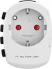 A close-up, front-facing view of a white universal travel adapter with black sliders and red socket covers. Náhled obrázku produktu