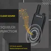 A black Retevis walkie-talkie is shown with musical notes and sound waves emanating from it, suggesting clear sound. Text overlays highlight features like 'CLEAR SOUND' and 'SQUELCH FUNCTION'. Produktbild-Vorschau