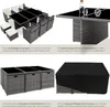 Collage of images showing a rattan seating group, its table with glass top, and a protective cover. Náhled obrázku produktu