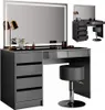 A modern vanity table with a large LED mirror and a stool, displayed in a studio setting. Produktbild-Vorschau
