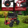 A red garden cart with a black seat is shown on a grassy lawn. Podgląd zdjęcia produktu