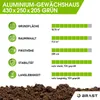 A diagram showing the features and specifications of an aluminum greenhouse, with a pile of soil at the bottom. Produktbild-Vorschau