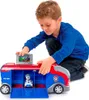 A young boy is playing with a Paw Patrol Mission Cruiser toy. Produktbild-Vorschau