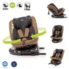 A collage of images showing a brown and black rotating car seat with various icons and certifications. Produktbild-Vorschau