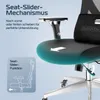 Close-up marketing image of an ergonomic office chair, highlighting its seat-slider mechanism with text and diagrams. Produktbild-Vorschau
