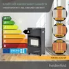 A gas heater is shown with an energy efficiency label and diagrams illustrating its different heat settings. Produktbild-Vorschau