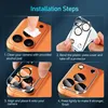 Four-panel image showing the installation steps for a camera lens protector on a smartphone. Produktbild-Vorschau