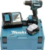 A Makita cordless drill set including a drill, two batteries, a charger, and a storage case, arranged on a white background. Náhľad obrázku produktu