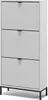 A white shoe cabinet with three flip-down drawers and black legs, shown against a white background. Produktbild-Vorschau