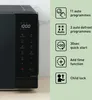 A close-up of a black microwave oven's control panel and a list of its features. Anteprima dell’immagine prodotto