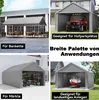 A collage of four images showing different applications of a gray tent garage. Náhled obrázku produktu
