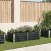 Three dark grey raised garden beds filled with plants are arranged in a backyard setting, with a wooden fence in the background. Podgląd zdjęcia produktu