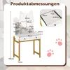 A diagram showing the dimensions of a white vanity table with gold legs, featuring a cat-shaped mirror with lights and two drawers. Podgląd zdjęcia produktu