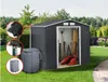 A dark gray metal shed with gardening tools inside, situated in a grassy backyard with a rain barrel next to it. Inset circles show close-ups of a gutter downspout and a rain barrel connection. Produktbild-Vorschau
