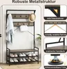 A product image showcasing a coat rack and shoe storage unit, with inset images highlighting its structural features and adjustable feet. Voir les images du produit