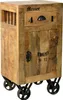 A wooden cabinet with a rustic design, featuring metal wheels and decorative text. Produktbild-Vorschau